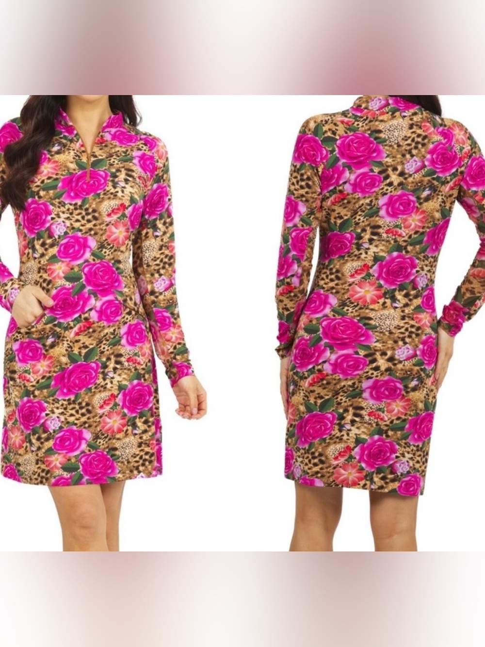 IBKUL Hot Pink Rose & Leopard-Print Long Sleeve Sheath mini Dress